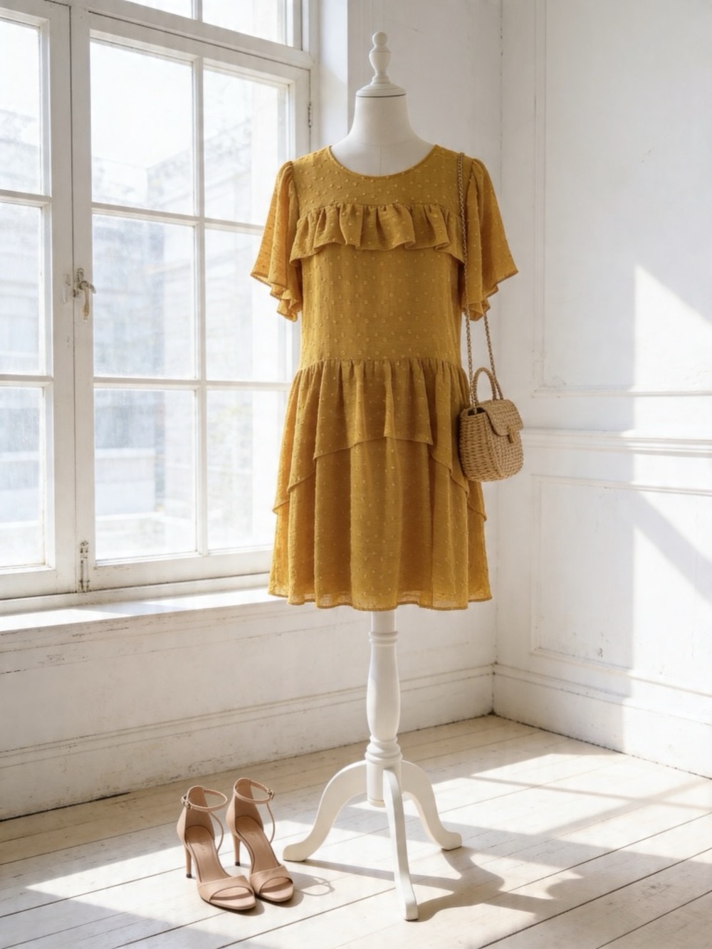 Ruffled Midi Dress with Flutter Sleeves